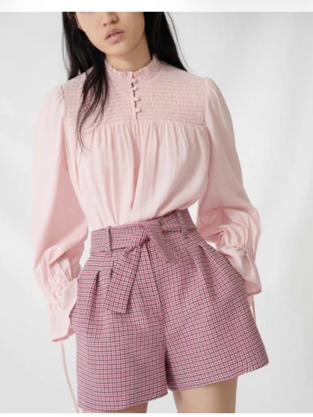 Maje Pink Checked High-Waist Belted Shorts Size 38